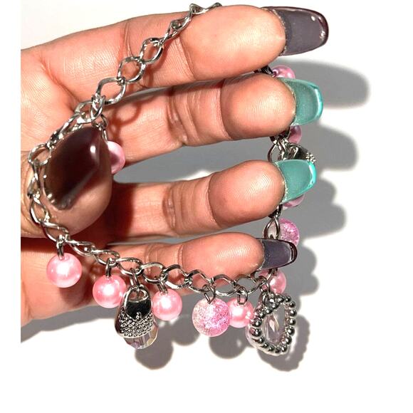Vintage Silver Tone Pink Glass Crystal Bead Charm Bracelet Awareness B#18 - Picture 3 of 7